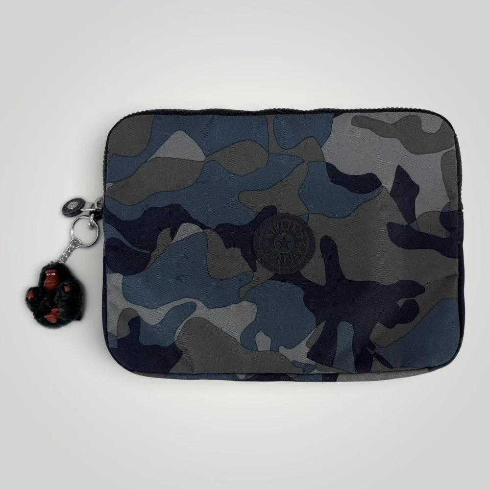 Kipling Tablet Sleeve Blue Camo Nylon Pouch Monkey Keychain K11252-4LT
